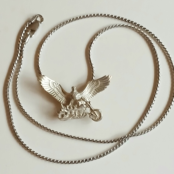 Sterling Silver Eagle on Motorcycle Pendant Necklace
